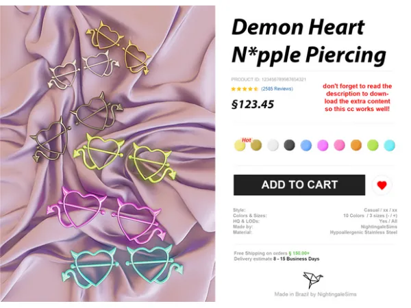 Alpha Demon Heart Nipple Piercing by Nightingale Sims - The Sims 4 Custom Content