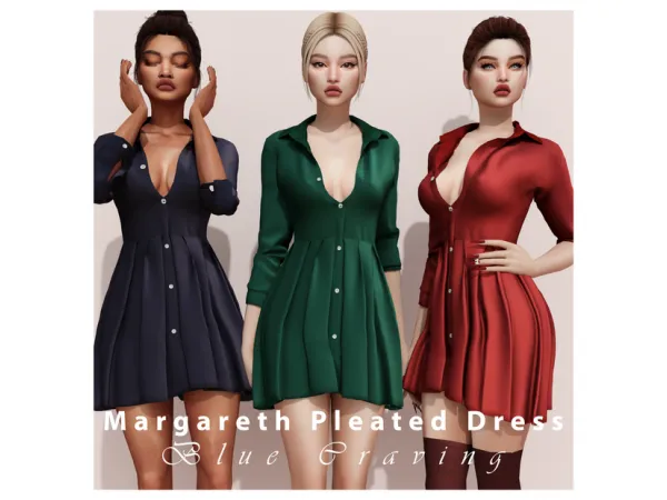 Alpha Blue Craving Margareth Pleated Dress - The Sims 4 Custom Content