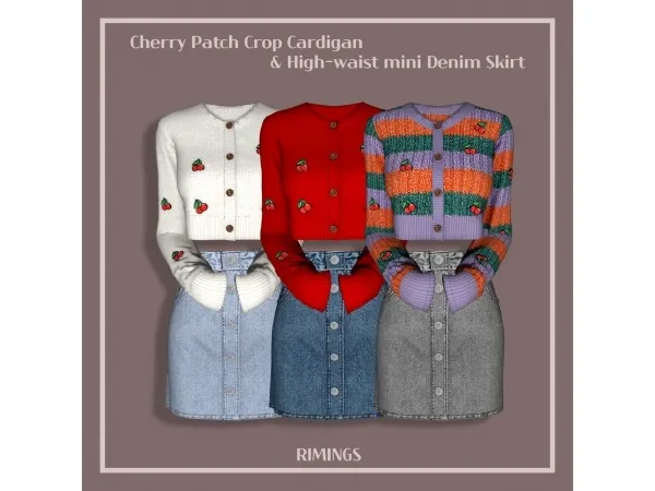 Alpha [RIMINGS] Cherry Patch Crop Cardigan High waist mini Denim Skirt - The Sims 4 Custom Content