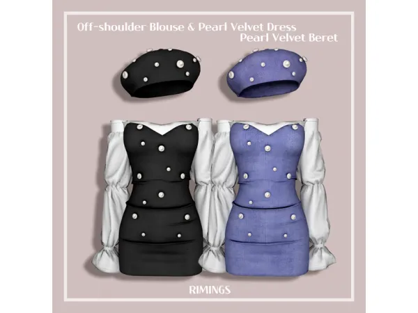 Alpha [RIMINGS] Off shoulder Blouse Pearl Velvet Dress Beret - The Sims 4 Custom Content