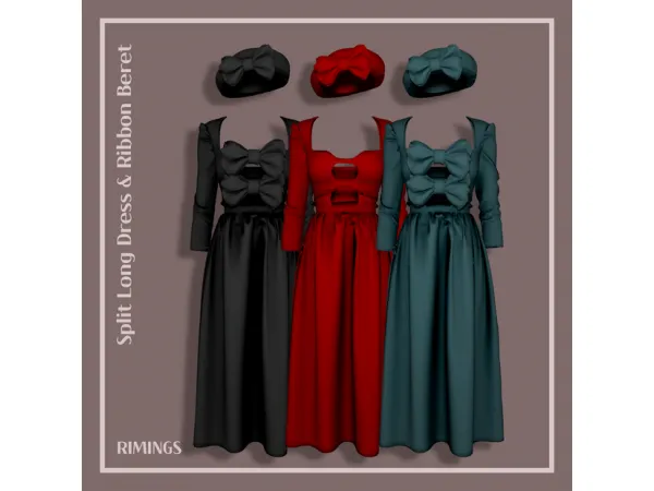 Alpha [RIMINGS] Split Long Dress Ribbon Beret - The Sims 4 Custom Content