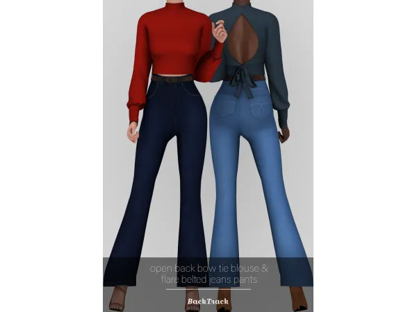 Alpha Open Back Bow Tie Blouse Flare Belted Jeans Pants by backtrackcc - The Sims 4 Custom Content