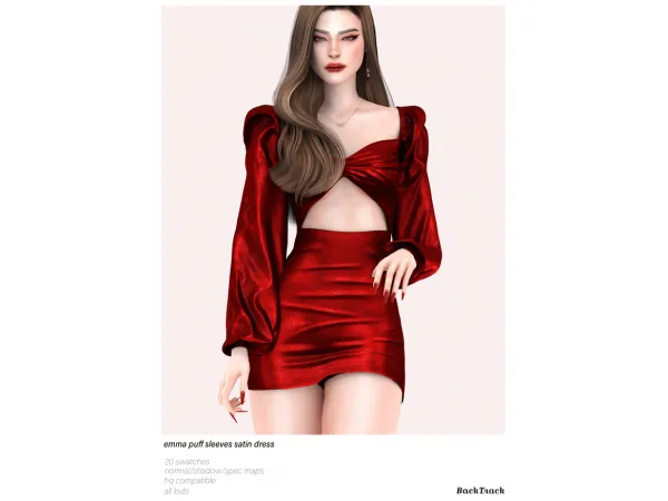 Alpha Emma Puff Sleeves Satin Dress by BackTrack - The Sims 4 Custom Content