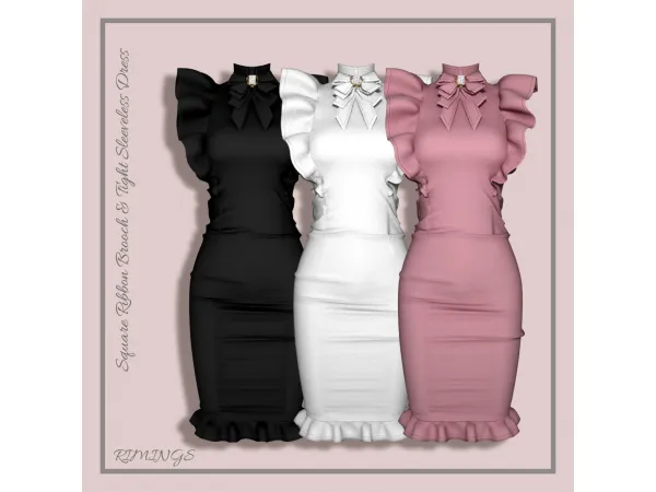 Alpha [RIMINGS] Square Ribbon Brooch Tight Sleeveless Dress - The Sims 4 Custom Content