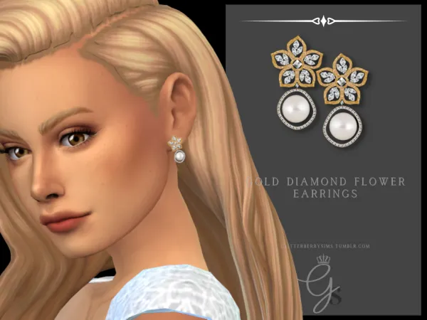 Mix Gold Diamond Flower Earrings by Glitterberry Sims - The Sims 4 Custom Content