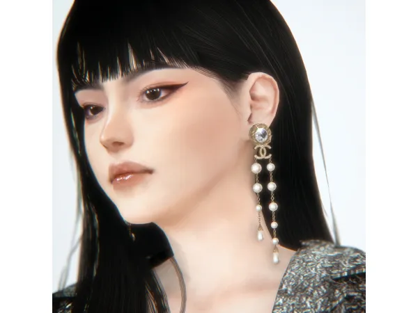 Alpha Brass Crystal Pearl Chain Earrings by Chih - The Sims 4 Custom Content