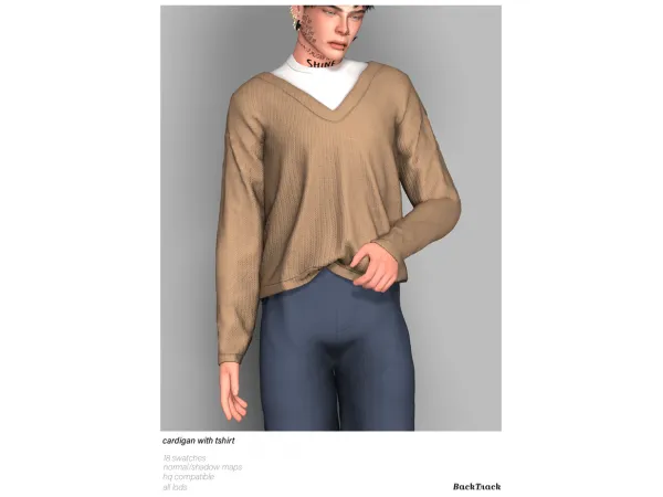 Alpha Cardigan with Tshirt Corduroy Pants by BackTrack - The Sims 4 Custom Content