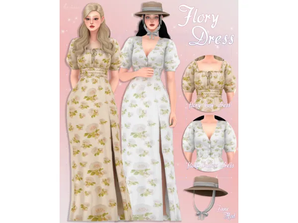 Maxis Match Flory Dress Jane Hat by HuiEn - The Sims 4 Custom Content