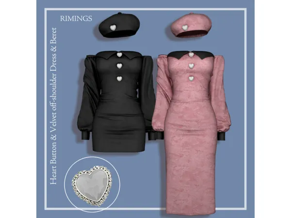 Alpha Heart Button Velvet off shoulder Dress Beret by RIMINGS - The Sims 4 Custom Content
