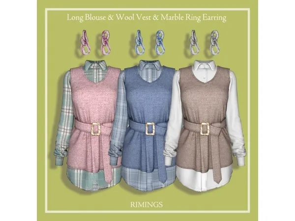[RIMINGS] Long Blouse & Wool Vest & Marble Ring Earring