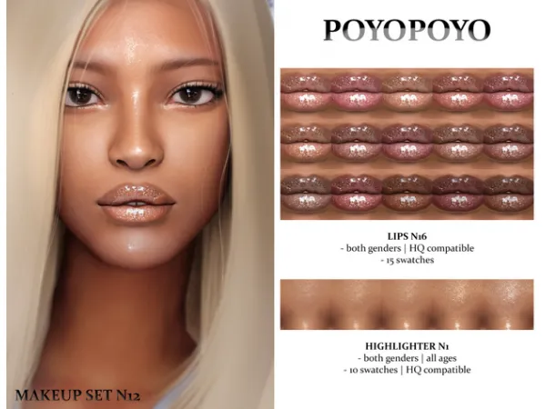 Alpha LIPS N16 HIGHLIGHTER N1 Makeup Set N12 by [poyopoyo] - The Sims 4 Custom Content