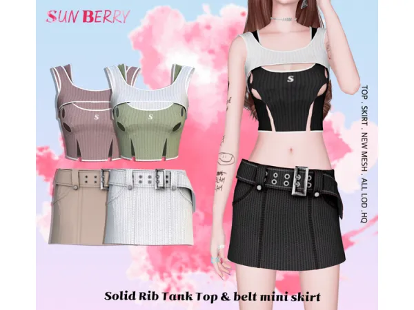 Alpha Solid Rib Tank Top belt mini skirt by SUNBERRY - The Sims 4 Custom Content