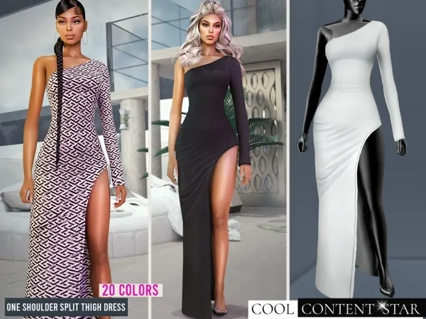 Alpha One Shoulder Split Thigh Dress - The Sims 4 Custom Content