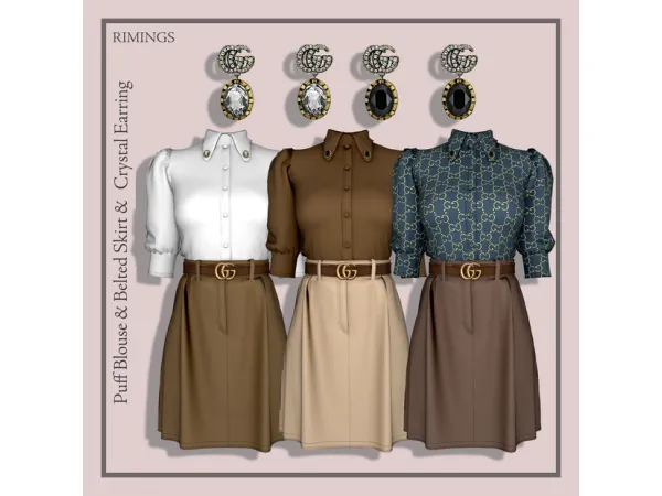 Alpha Puff Blouse Belted Skirt Earring by RIMINGS - The Sims 4 Custom Content