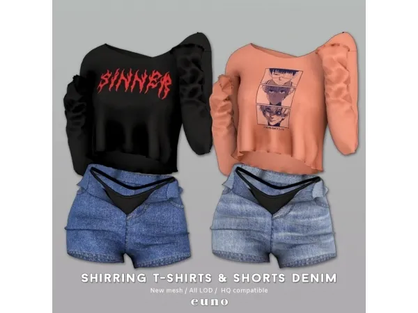 shirring T & shorts denim
