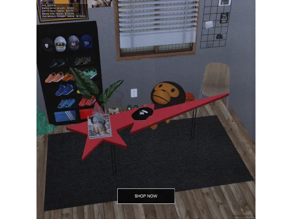 Alpha bknysimz hypebeast tables and plush by simsfinds - The Sims 4 Custom Content