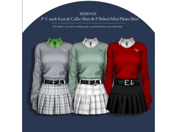 Alpha P V neck Knit Collar Shirt P Belted Mini Pleats Skirt by RIMINGS - The Sims 4 Custom Content