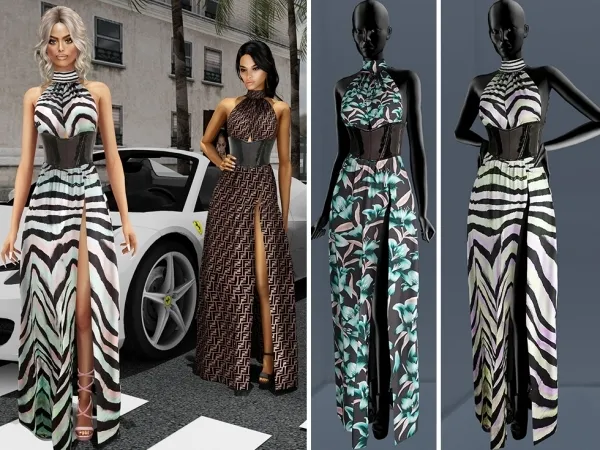 Alpha Printed Gown with Waist Belt cool_content_star - The Sims 4 Custom Content