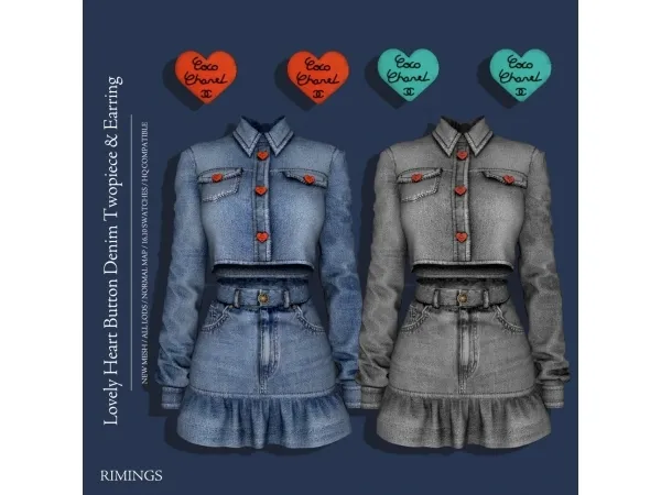 Lovely Heart Button Denim Twopiece & Earring by RIMINGS