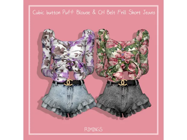 Alpha [RIMINGS] Cubic button Puff Blouse CH Belt Frill Short Jeans by RIMINGS - The Sims 4 Custom Content