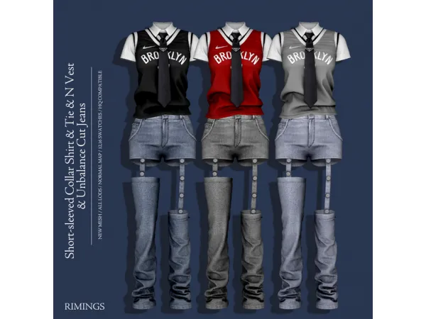 Alpha [RIMINGS] Short sleeved Collar Shirt Tie N Vest Unbalance Cut Jeans - The Sims 4 Custom Content
