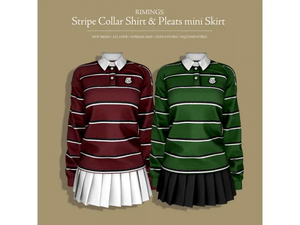 [RIMINGS] Stripe Collar Shirt & Pleats mini Skirt