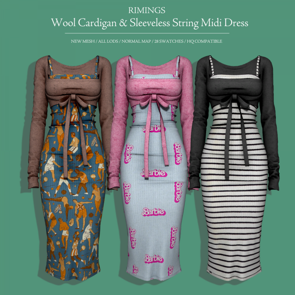 Alpha Wool Cardigan Sleeveless String Midi Dress by simsfinds - The Sims 4 Custom Content