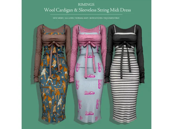 Alpha Wool Cardigan Sleeveless String Midi Dress by RIMINGS - The Sims 4 Custom Content