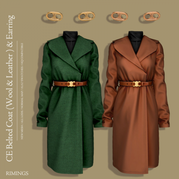 Alpha [RIMINGS] CE Belted Coat (Wool Leather) Earring by simsfinds - The Sims 4 Custom Content
