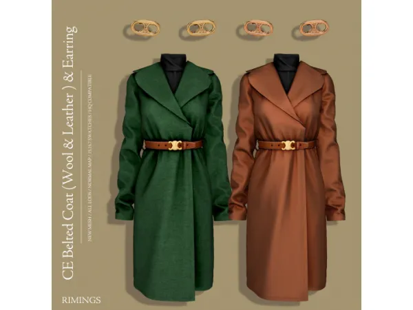 Alpha [RIMINGS] CE Belted Coat (Wool Leather) Earring - The Sims 4 Custom Content
