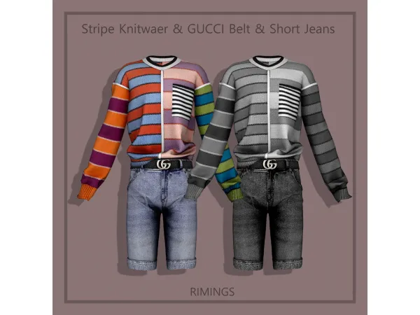 Alpha [RIMINGS] Stripe Knitwear G Belt Short Jeans by RIMINGS - The Sims 4 Custom Content