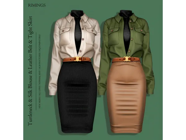 Alpha [RIMINGS] Turtleneck Silk Blouse Leather Belt Tight Skirt by RIMINGS - The Sims 4 Custom Content