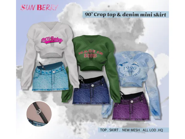 Alpha 90' Crop top denim mini skirt by SUNBERRY - The Sims 4 Custom Content