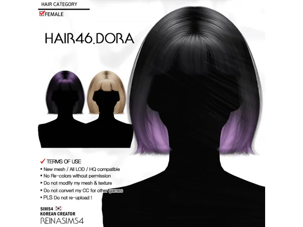 Alpha REINA_HAIR 46_DORA by Reina Sims4 - The Sims 4 Custom Content