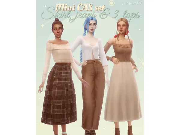 Maxis Match Mini CAS set No1 Skirt jeans 3 tops by Miiko - The Sims 4 Custom Content
