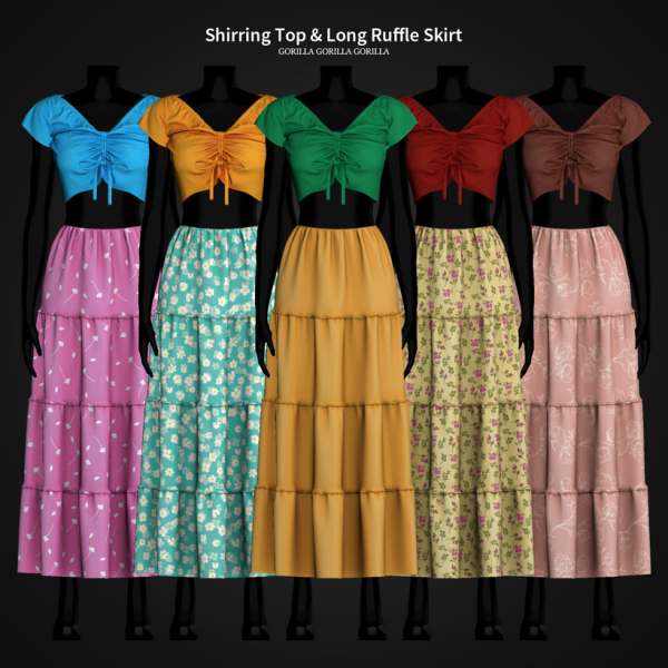 Alpha Shirring Top Long Ruffle Skirt by simsfinds - The Sims 4 Custom Content