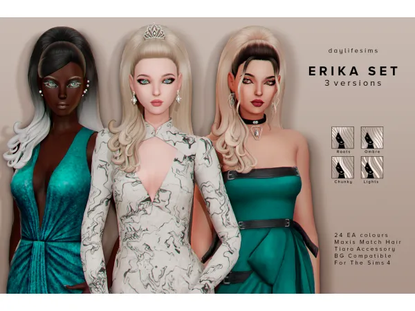 Maxis Match ERIKA HAIR SET 3 versions by Daylife Sims - The Sims 4 Custom Content