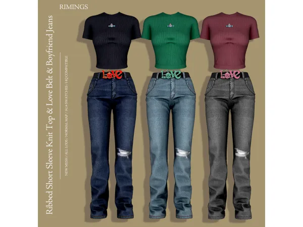 Alpha [RIMINGS] Ribbed Short Sleeve Knit Top Love Belt Boyfriend Jeans by RIMINGS - The Sims 4 Custom Content