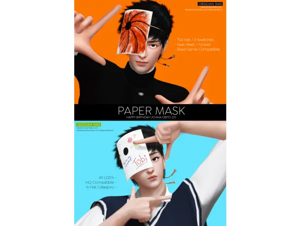 Alpha PAPER MASK New mesh HBD UCHIHA OBITO 2102023 by OBSIDIAN SIMS - The Sims 4 Custom Content