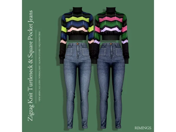 Alpha [RIMINGS] Zigzag Knit Turtleneck Square Pocket Jeans by RIMINGS - The Sims 4 Custom Content