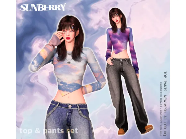 Alpha [SUNBERRY] crop top Low Denim Pants 234 by SUNBERRY - The Sims 4 Custom Content