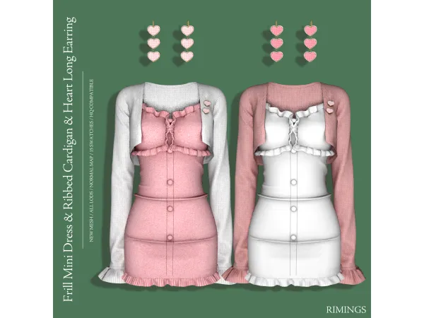 Alpha [RIMINGS] Frill Mini Dress Ribbed Cardigan Earring by RIMINGS - The Sims 4 Custom Content
