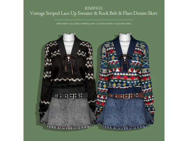 Alpha [RIMINGS] Vintage Striped Lace Up Sweater Rock Belt Flare Denim Skirt by RIMINGS - The Sims 4 Custom Content