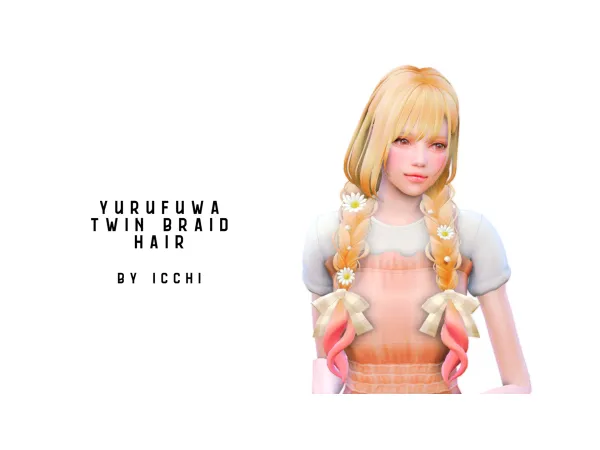 Maxis Match Yurufuwa twin braid hair Flower and ribbon hair accessory for Yurufuwa twin braid by icchi - The Sims 4 Custom Content