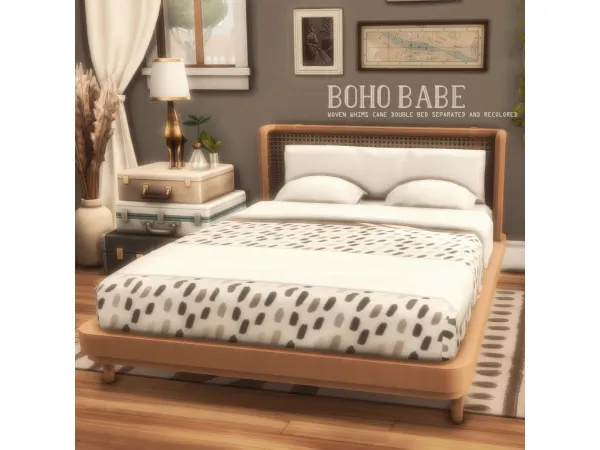 Maxis Match Boho Babe Woven Whims Cane Double Bed Separated and Recolored - The Sims 4 Custom Content