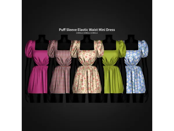 Alpha Puff Sleeve Elastic Waist Mini Dress by Gorilla Gorilla Gorilla - The Sims 4 Custom Content