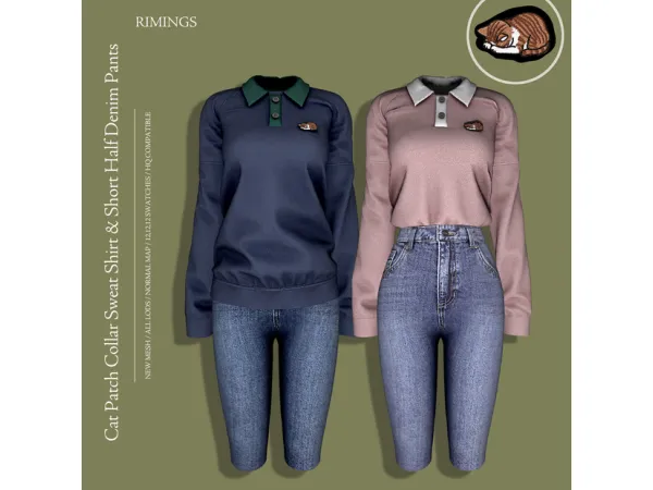 Alpha [RIMINGS] Cat Patch Collar Sweat Shirt Short Half Denim Pants by RIMINGS - The Sims 4 Custom Content