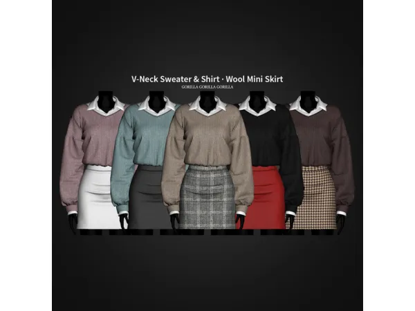 Alpha V Neck Sweater Shirt Wool Mini Skirt by Gorilla Gorilla Gorilla - The Sims 4 Custom Content