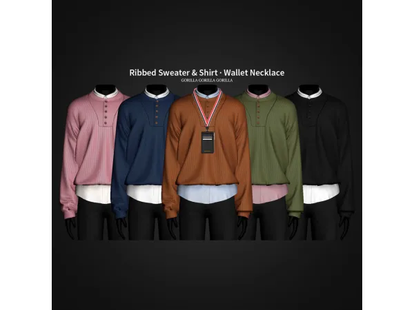 Alpha Ribbed Sweater Shirt Wallet Necklace by Gorilla Gorilla Gorilla - The Sims 4 Custom Content