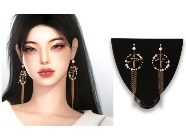 Alpha Cross Long Chain Earrings by Chih - The Sims 4 Custom Content